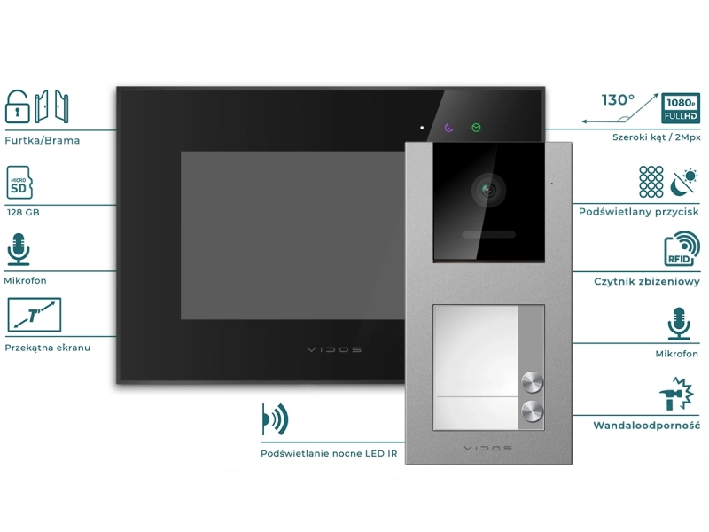 Wideodomofon dwurodzinny WiFi Vidos X 2 monitory M10-B + S11-2 Aplikacja Podczerwień RFID MicroSD 2MPx